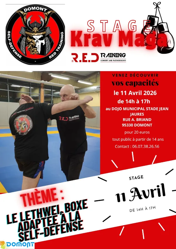 stage de RED training le 11 avril 2026 : le lethwei, boxe adaptée à la self-defense de 14h à 17h au dojo à l'angle de la rue Aristide Briand et de l'avenue Jean Jaurès pour tout public dès 14 ans