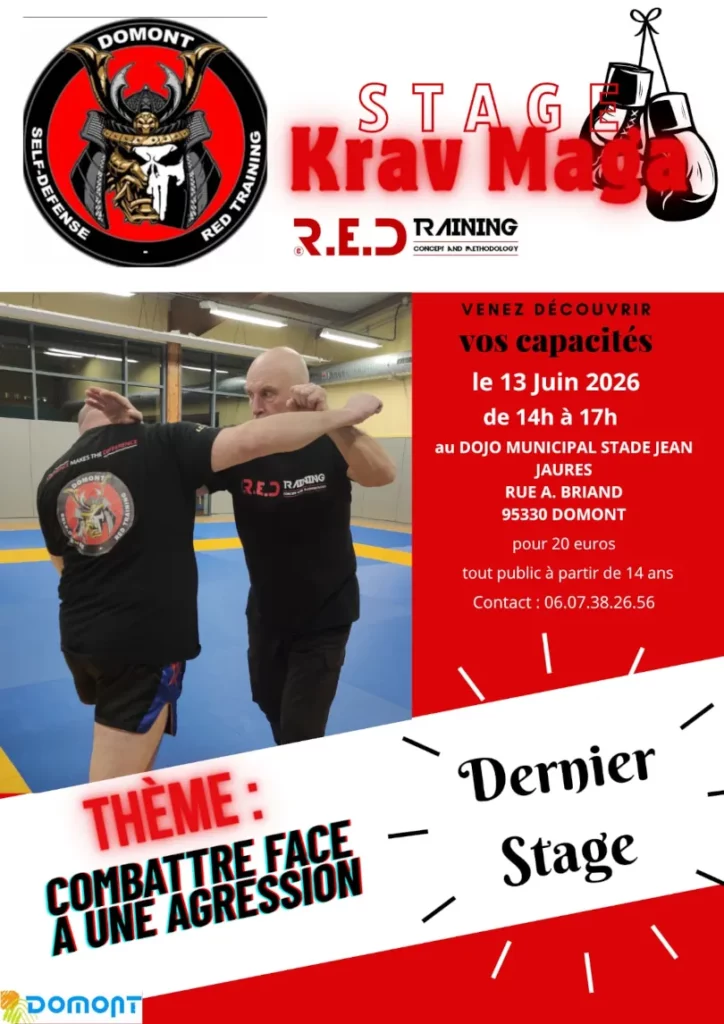 stage de RED training le 13 juin 2026 : combattre face à une agression de 14h à 17h au dojo à l'angle de la rue Aristide Briand et de l'avenue Jean Jaurès pour tout public dès 14 ans